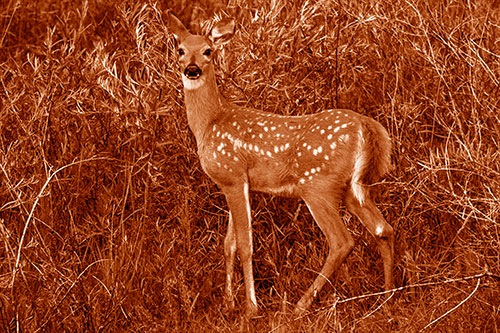 White Tailed Spotted Deer Stands Among Vegetation (Orange Shade)