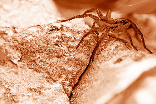 Wolf Spider Crawling Over Cracked Rock Crevice (Orange Shade Photo)
