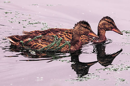 Algae Coated Female Mallard Ducks Swimming In Unison (Orange Tint Photo)