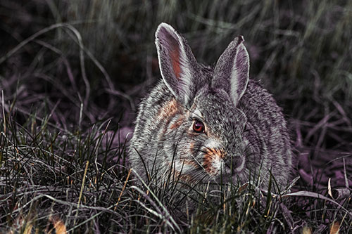Bunny Rabbit Lying Down Among Grass (Orange Tint Photo)