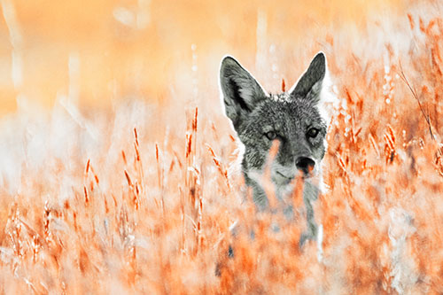 Coyote Peeking Head Above Feather Reed Grass (Orange Tint Photo)