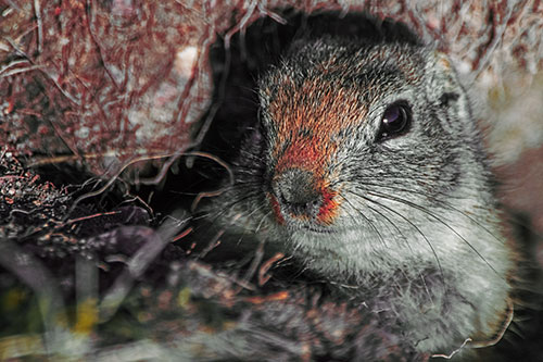 Curious Prairie Dog Watches From Dirt Tunnel Entrance (Orange Tint)