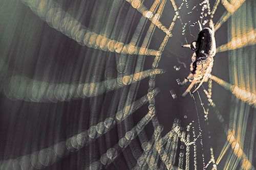 Dewy Orb Weaver Spider Hangs Among Web (Orange Tint Photo)