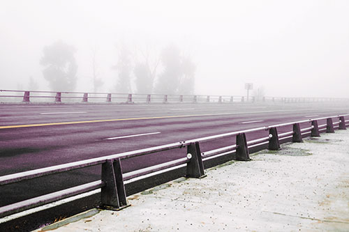Fog Surrounds Deserted Sidewalk Roadway (Orange Tint Photo)