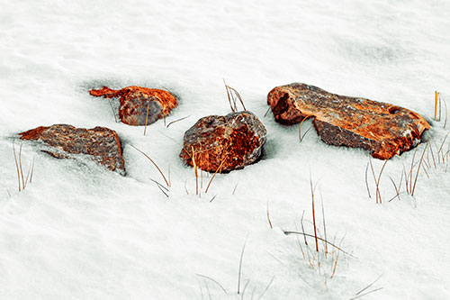 Four Big Rocks Buried In Snow (Orange Tint Photo)