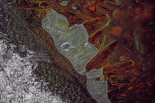 Frozen Bubble Eyed Ice Face Figure Along River Shoreline (Orange Tint Photo)