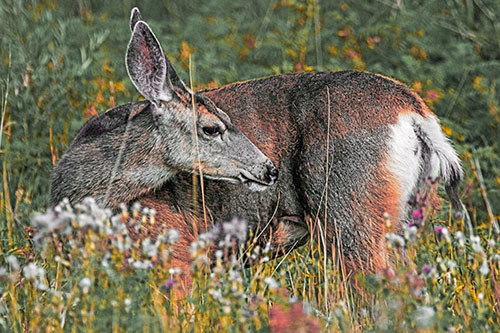 Grooming Mule Deer Bending Backwards Among Vegetation (Orange Tint)