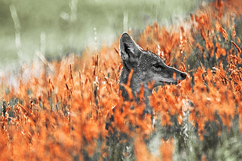 Hidden Coyote Watching Among Feather Reed Grass (Orange Tint Photo)