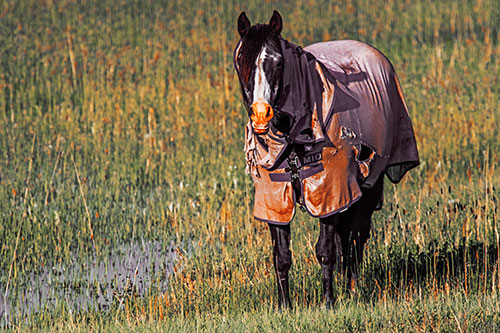 Horse Wearing Coat Standing Along Marsh (Orange Tint Photo)