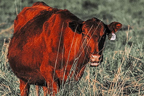 Hungry Open Mouthed Cow Enjoying Hay (Orange Tint Photo)
