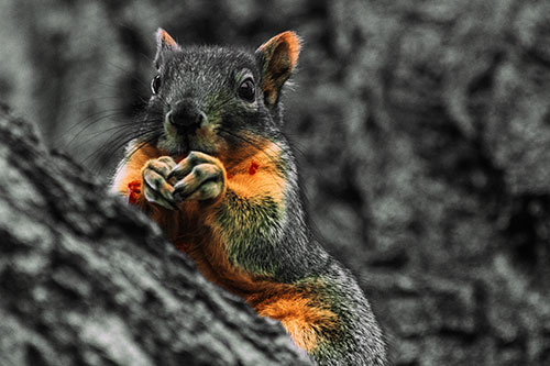 Hungry Squirrel Feasting Among Sloping Tree Branch (Orange Tint Photo)