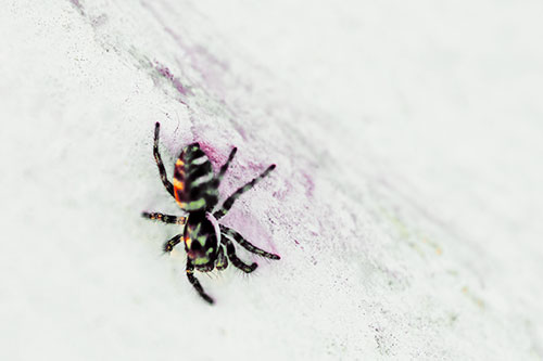 Jumping Spider Crawling Down Wood Surface (Orange Tint Photo)