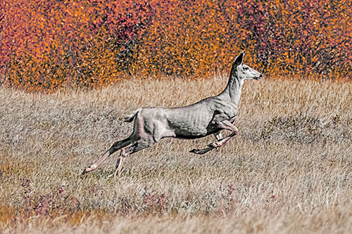 Leaping Mule Deer Running Across Grassland (Orange Tint)