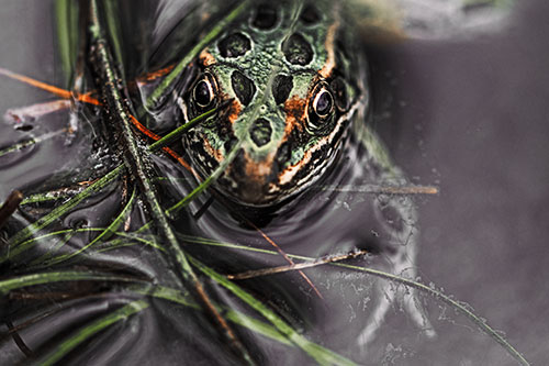 Leopard Frog Hiding Among Submerged Grass (Orange Tint Photo)