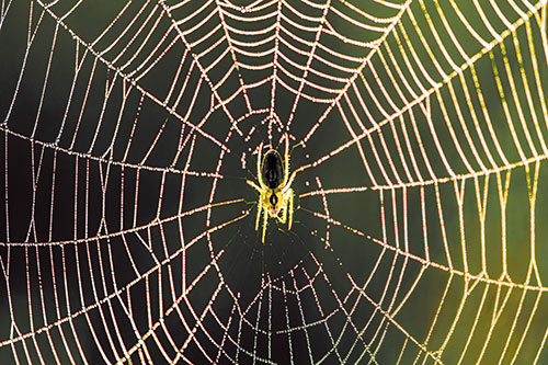 Orb Weaver Spider Rests Among Web Center (Orange Tint Photo)