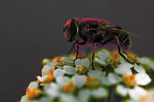 Pollen Covered Hoverfly Standing Atop Flower Petals (Orange Tint Photo)