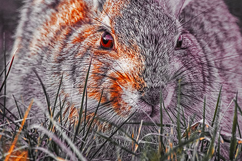 Resting Bunny Rabbit Watches Closely Among Grass Blades (Orange Tint)