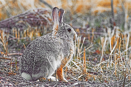Sitting Bunny Rabbit Among Broken Plant Stems (Orange Tint Photo)