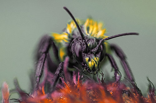 Soaking Wet Honey Bee Standing Atop Blanket Flower (Orange Tint)