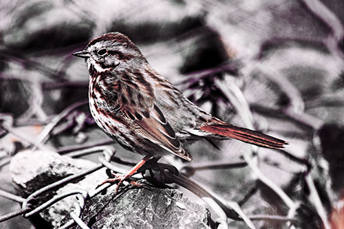 Squinting Song Sparrow Perched Atop Chain Link Fencing (Orange Tint Photo)