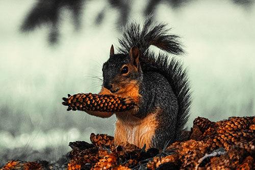 Squirrel Eating Pine Cones (Orange Tint Photo)