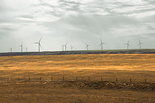 Wind Turbines Scattered Along The Prairie Horizon (Orange Tint Photo)
