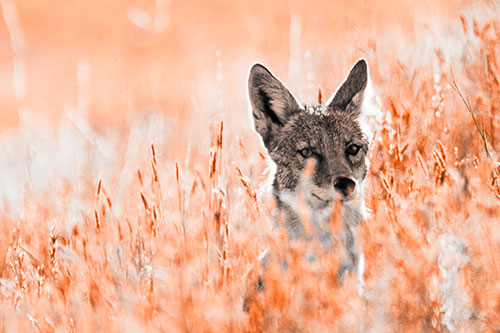 Coyote Peeking Head Above Feather Reed Grass (Orange Tone Photo)