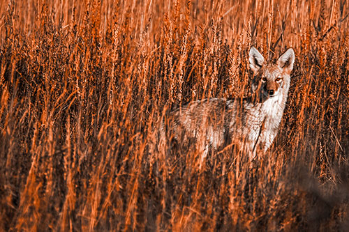 Coyote Watches Among Feather Reed Grass (Orange Tone Photo)
