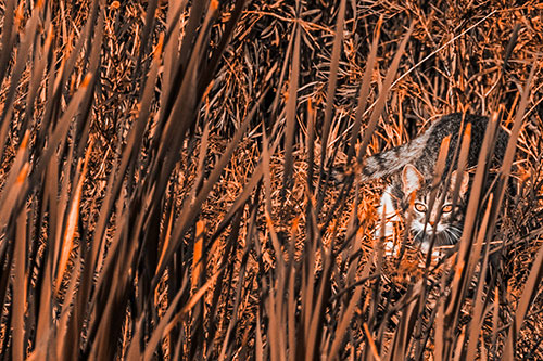 Crouching Cat Hunting Among Tall Reed Grass (Orange Tone)