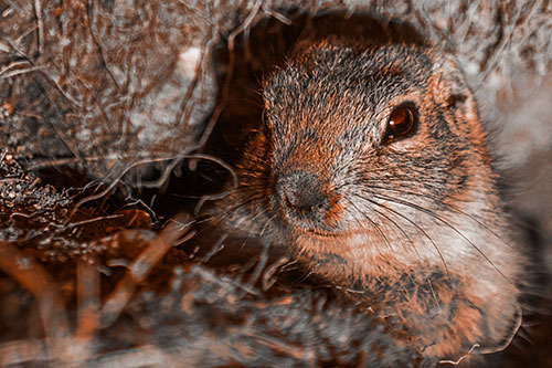 Curious Prairie Dog Watches From Dirt Tunnel Entrance (Orange Tone Photo)