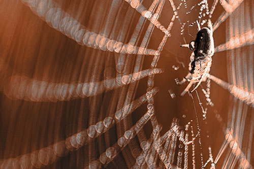 Dewy Orb Weaver Spider Hangs Among Web (Orange Tone Photo)