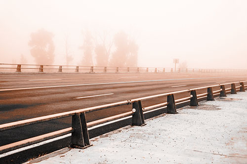 Fog Surrounds Deserted Sidewalk Roadway (Orange Tone Photo)
