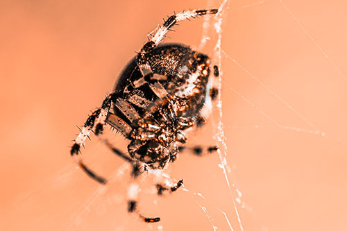 Furrow Orb Weaver Spider Descends Down Web (Orange Tone Photo)