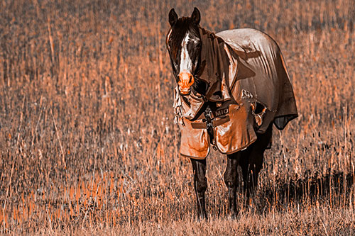 Horse Wearing Coat Standing Along Marsh (Orange Tone Photo)