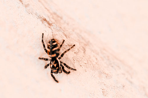 Jumping Spider Crawling Down Wood Surface (Orange Tone Photo)