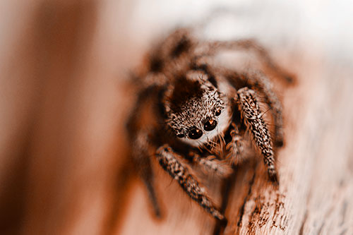 Jumping Spider Resting Atop Wood Stick (Orange Tone Photo)