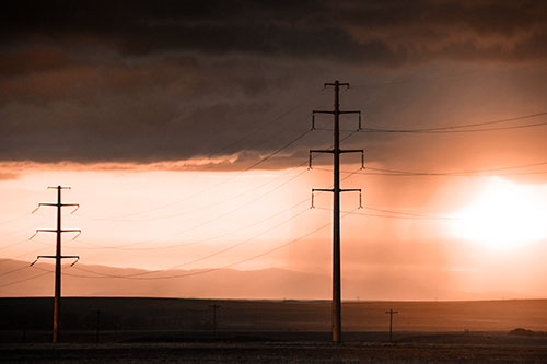 Mountain Rainstorm Sunset Beyond Powerlines (Orange Tone Photo)