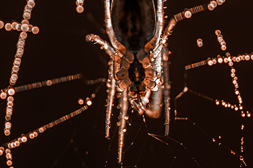 Orb Weaver Spider Dangling Downwards Among Web (Orange Tone Photo)