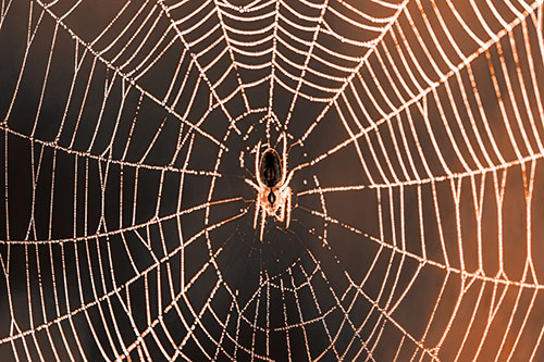 Orb Weaver Spider Rests Among Web Center (Orange Tone Photo)