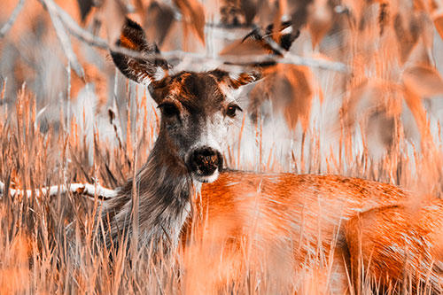Resting White Tailed Deer Watches Surroundings (Orange Tone Photo)