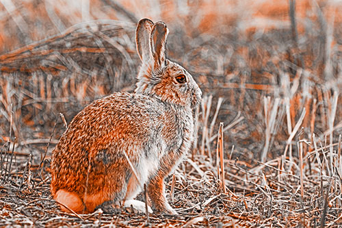 Sitting Bunny Rabbit Among Broken Plant Stems (Orange Tone Photo)