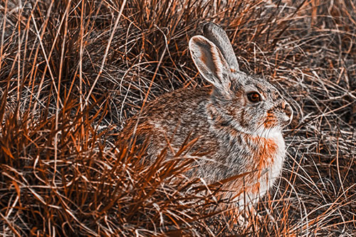 Sitting Bunny Rabbit Enjoying Sunrise Among Grass (Orange Tone Photo)