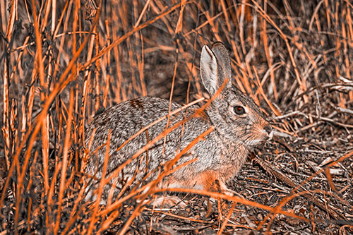 Sitting Bunny Rabbit Enjoying Sunshine Among Sticks (Orange Tone)