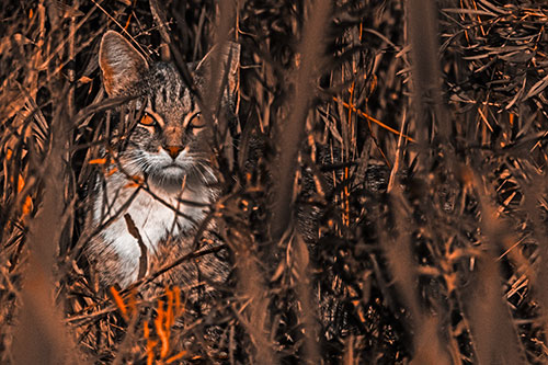 Sitting Cat Gazes Through Reed Grass (Orange Tone)