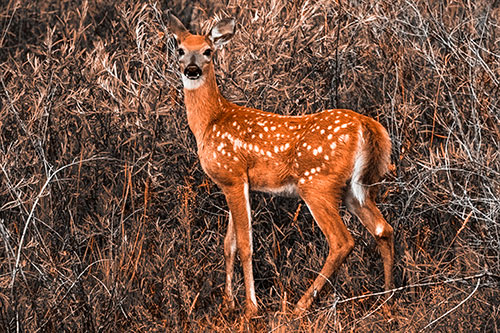 White Tailed Spotted Deer Stands Among Vegetation (Orange Tone Photo)