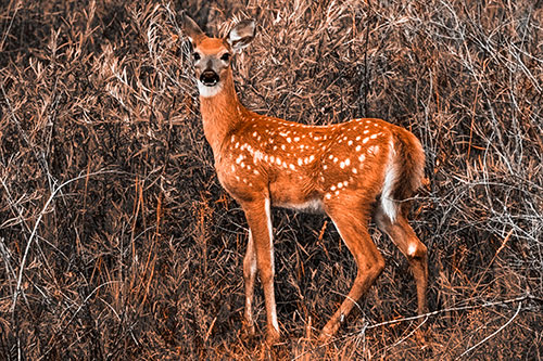 White Tailed Spotted Deer Stands Among Vegetation (Orange Tone)