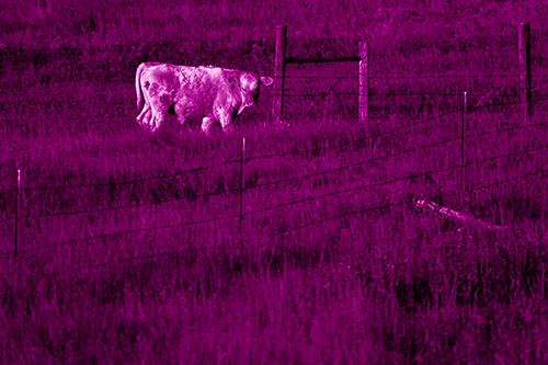 Cow Glances Sideways Beside Barbed Wire Fence (Pink Shade Photo)