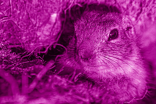 Curious Prairie Dog Watches From Dirt Tunnel Entrance (Pink Shade Photo)
