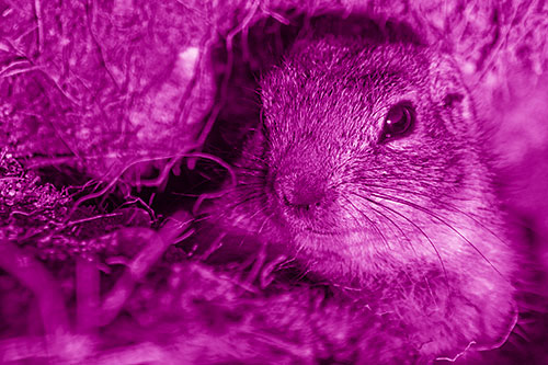 Curious Prairie Dog Watches From Dirt Tunnel Entrance (Pink Shade)