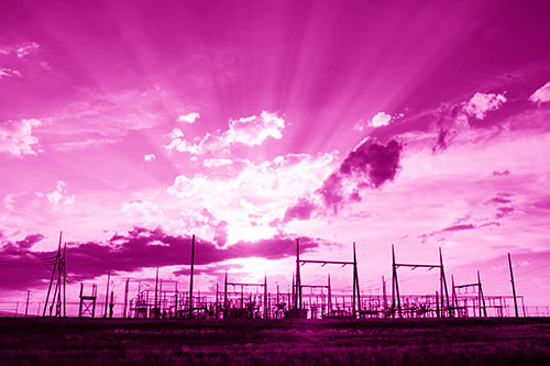 Electrical Substation Sunset Bursting Through Clouds (Pink Shade Photo)